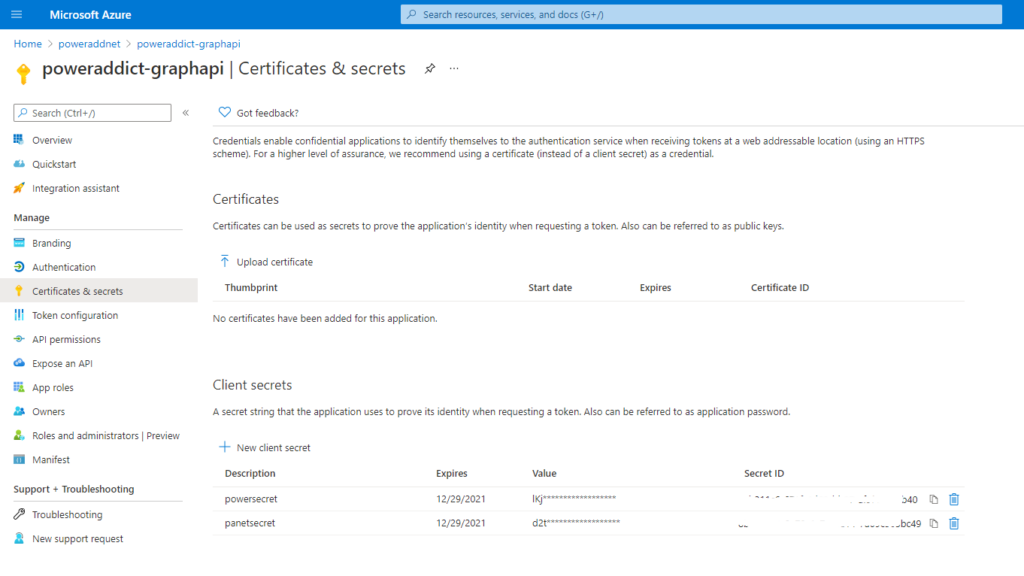 Azure AD Certificates & secrets